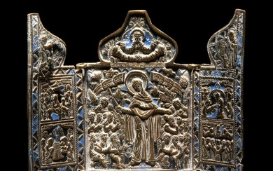 A Russian or Eastern European Enameled Bronze Tryptich