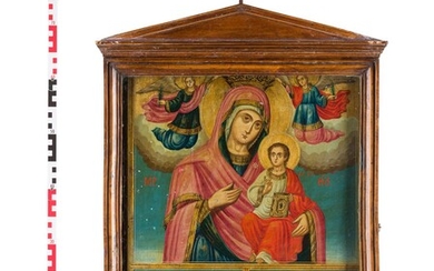 A VERY LARGE TRI-PARTITE ICON SHOWING THE HODIGITRIA MOTHER OF...
