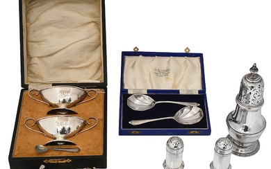 A collection of silver to include a sugar caster, pair of pedestal salts etc.