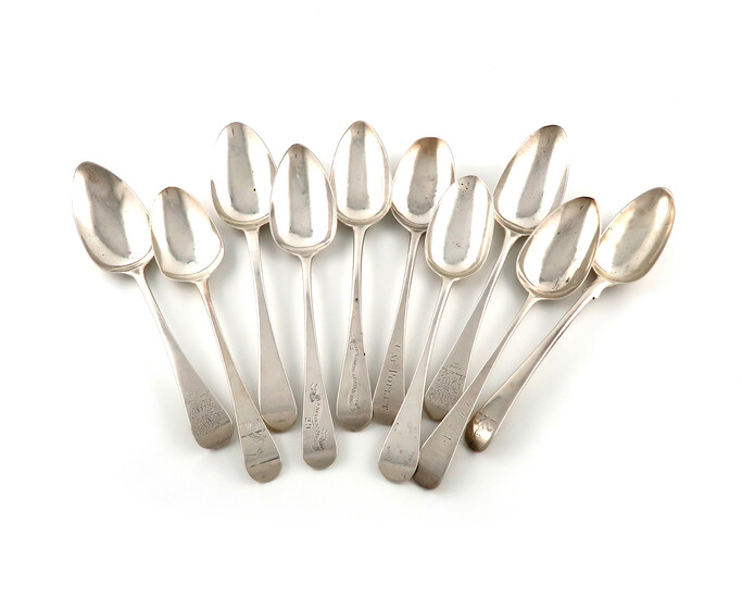 A collection of ten antique silver Old English pattern tablespoons with inscriptions