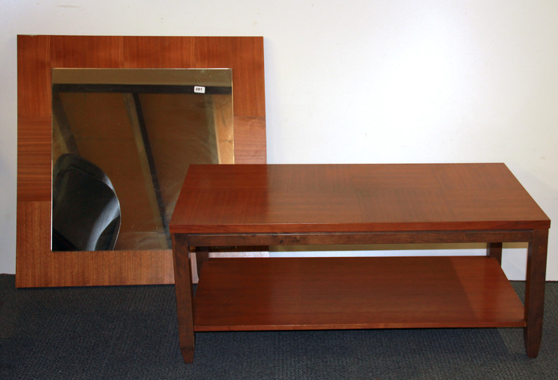 A contemporary teak veneered side table and matching mirror, table 110 x 46cm, mirror 90 x 90cm.
