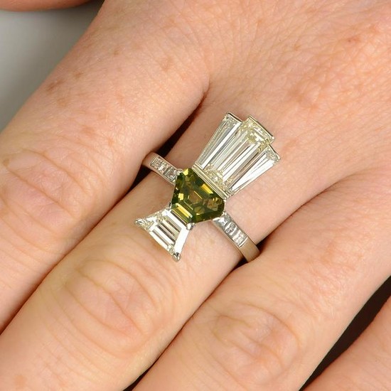 A 'greenish brown' diamond and diamond dress ring.