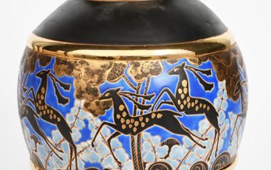 A large Boch Freres vase designed by Raymond Chevallier, decorated with a band of stylised deer in