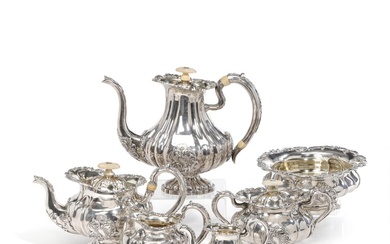 A large Russian Rococo revival silver coffee and tea service, gilt interior,...
