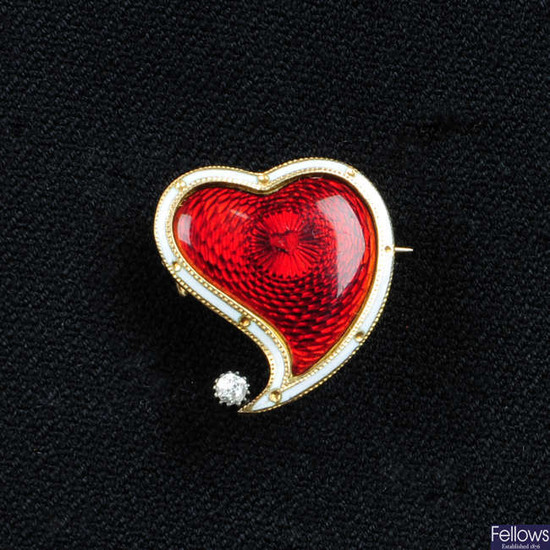 A late Victorian 9ct gold, red guilloche and white enamel witches heart brooch, with old-cut diamond highlight, by Child & Child.