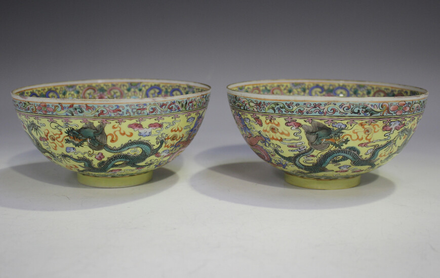 A pair of Chinese eggshell porcelain bowls, mark of Qianlong but mid-20th century, each of hemispher