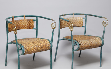 A pair of French Art Deco armchairs, green-painted iron frame and gold-painted armrests, seats and backs with wicker, first half of 1900's, (2).