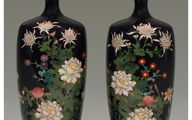 A pair of Japanese cloisonne enamel vases, Meiji period, ena...