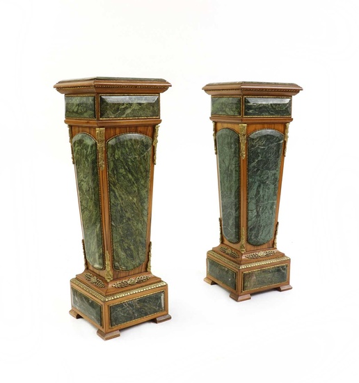 A pair of Louis XVI-style green marble and walnut pedestals