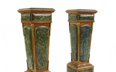 A pair of Louis XVI-style green marble and walnut pedestals