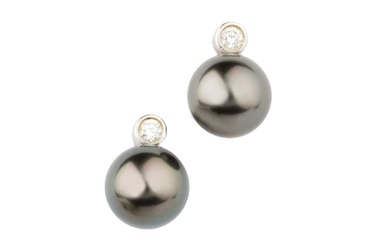 A pair of diamond and black cultured pearl ear studs,...