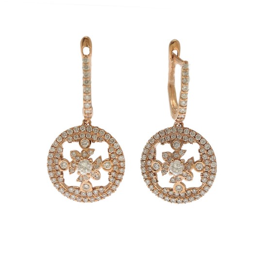 A pair of diamond ear pendants each set with numerous brilliant-cut diamonds, totalling app. 1.20 ct., mounted in 14k rose gold. L. 28 mm. (2)