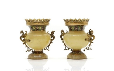 A pair of onyx and champleve enamel vases