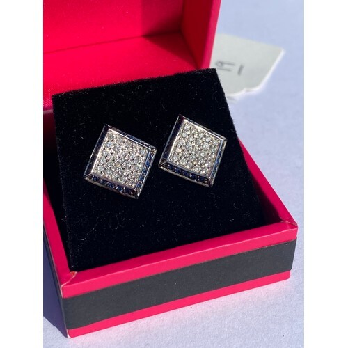 A pair of sapphire and diamond earrings, of square design, p...