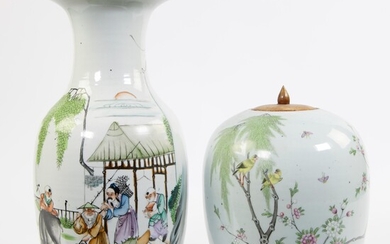 A porcelain ginger jar and a baluster vase, the latter depicting a rural scene. China, republic period.