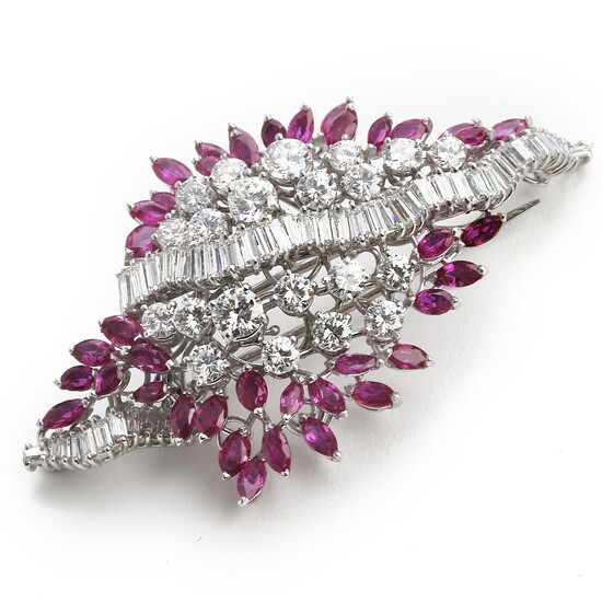 A ruby and diamond brooch set with marquise-cut rubies weighing a total of app. 5.00 ct. and diamonds weighing a total of app. 7.30 ct., mounted in platinum.