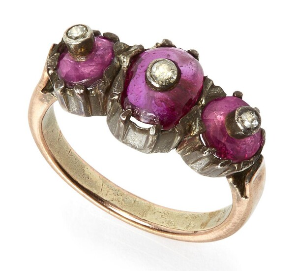 A ruby and diamond three-part ring, India, 19th- early 20th century, the rose gold ring with a flat shank and splayed shoulders, 22.5cm. diam., weight 2.7 grams
