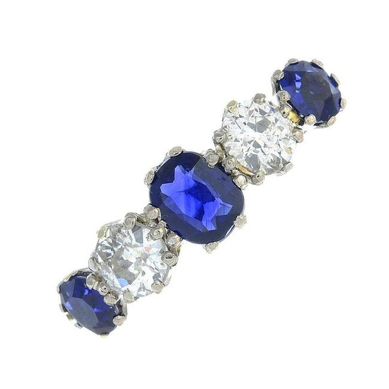 A sapphire and old-cut diamond five-stone ring.Total
