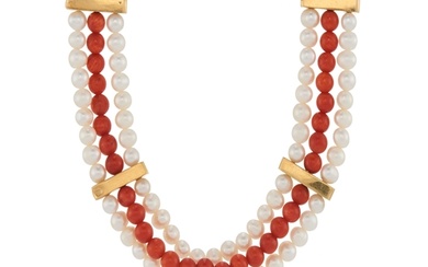 A set of 18ct gold coral and pearl jewellery, to include a n...