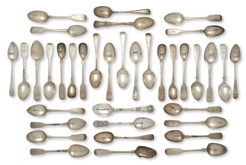 A set of five bright-cut engraved Victorian silver teaspoons, Exeter, c.1875, Josiah Williams & Co, the handle of each old pattern teaspoon engraved with decorative edge and floral motif, together with a selection of fiddle and old pattern...