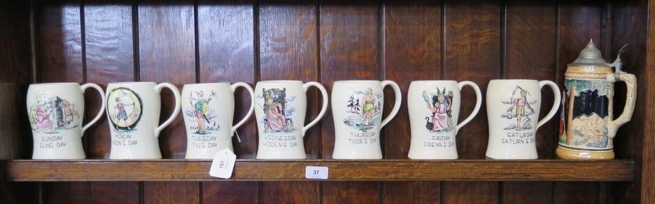 A set of seven Crown Devon tankards, each depicting a day of...