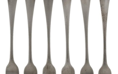 A set of six George II silver three-pronged dessert forks, London, c.1740, Paul Crespin, Hanoverian pattern, with engraved crest to reverse of terminals, 17cm long, total weight approx. 7.7oz Provenance: The estate of the late designer, Anthony...