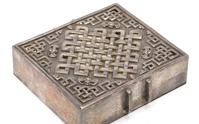 A silver alloy sutra box and pierced cover cast with four bats....