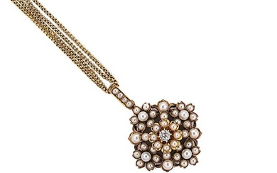 A split pearl and diamond pendant and chain