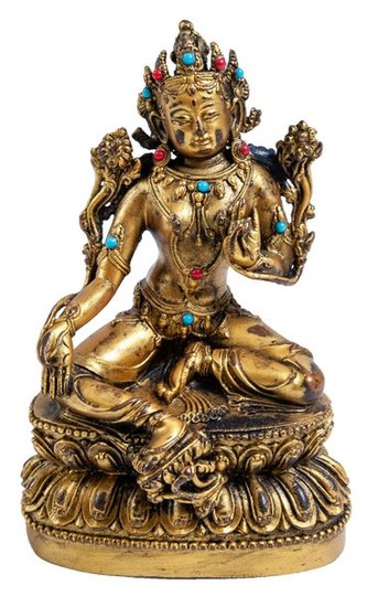 A stone-inlaid gilded bronze figure of Boddhisatvva Green...