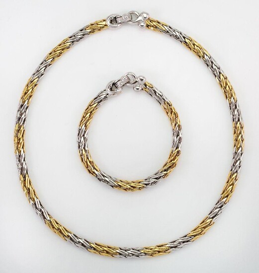 A two tone necklace and bracelet, each of rope work design, length approximately 40cm and 18cm respectively, gross weight approximately 32g
