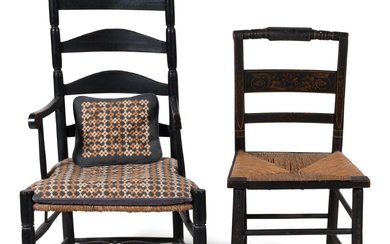 AMERICAN, PROBABLY NEW ENGLAND, BLACK PAINTED LADDERBACK ARMCHAIR AND STENCILED SIDE CHAIR Ladderback: 42 1/4 x 22 3/4 x 18 1/2 in. (107.3 x 57.8 x 47 cm.)