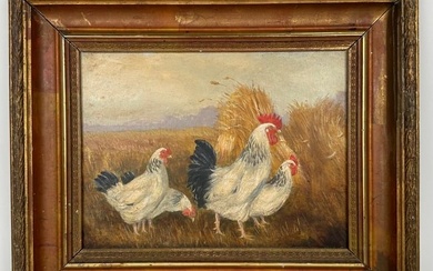 AMERICAN SCHOOL (20th Century,), Roosters and hens., Oil on board, 8" x 11". Framed 12.5" x 15.5".