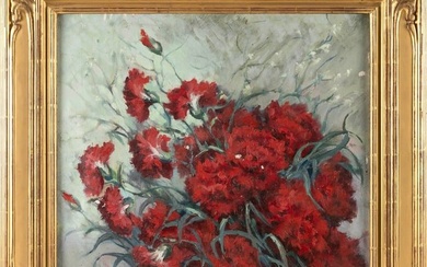 AMERICAN SCHOOL (20th Century,), Still life of red carnations., Oil on canvas over board, 19" x