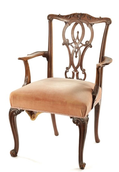 AN 18TH CENTURY CARVED MAHOGANY CHIPPENDALE STYLE OPEN ARMCHAIR