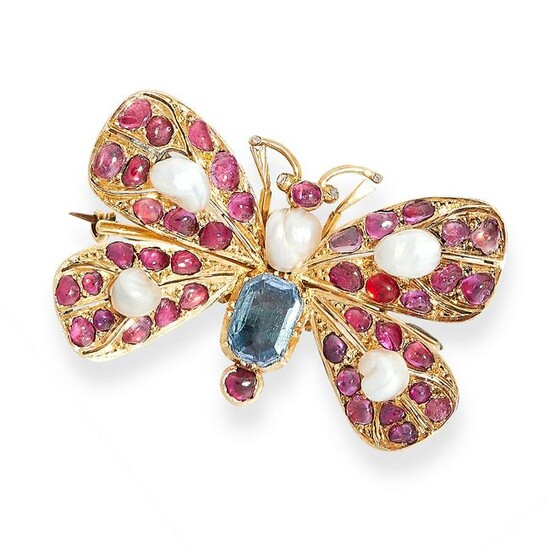 AN AQUAMARINE, PEARL, DIAMOND AND RUBY BUTTERFLY BROOCH