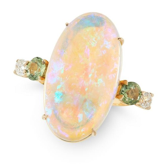 AN OPAL, GREEN SAPPHIRE AND DIAMOND RING set with an