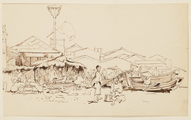 AUGUSTE BORGET (ISSOUDUN 1808-1877 BOURGES), Quatre scènes de la vie quotidienne chinoise : deux scènes de repas et deux études de personnages aux abords d'un temple