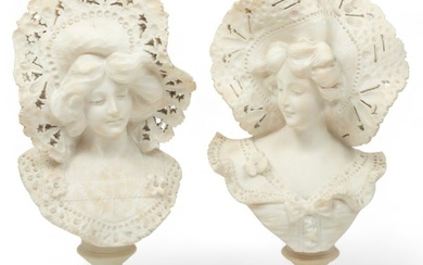 Adolfo Cipriani (Italian, 1880-1930) Carved Marble Busts Ca. 1900-1910, "Women with Floral Bonnets"