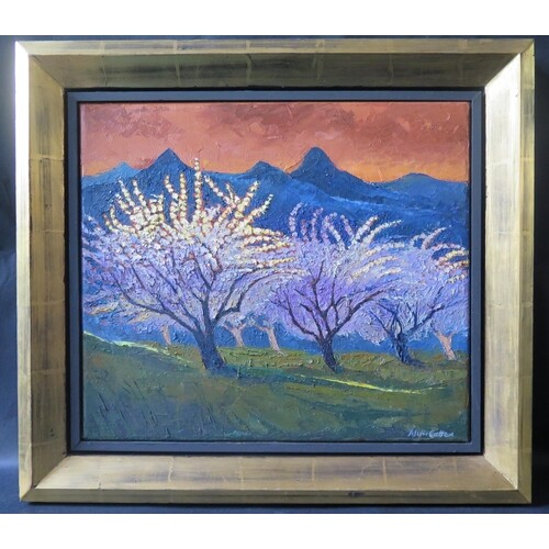 Allan Cotton, blossom at sunset with mountains behind, oil o...