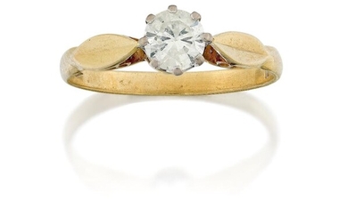 An 18ct gold, diamond single stone ring, the brilliant-cut diamond in eight-claw setting to stylised foliate shoulders, the diamond weighing approximately 0.50 carats, ring size approx. O½