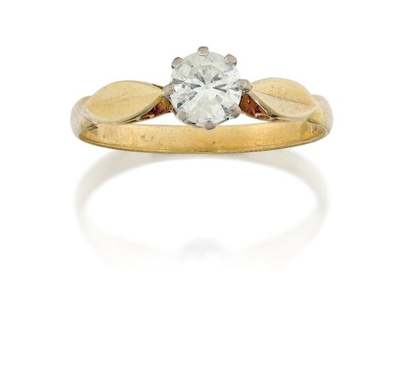 An 18ct gold, diamond single stone ring, the brilliant-cut diamond in eight-claw setting to stylised foliate shoulders, the diamond weighing approximately 0.50 carats, ring size approx. O½