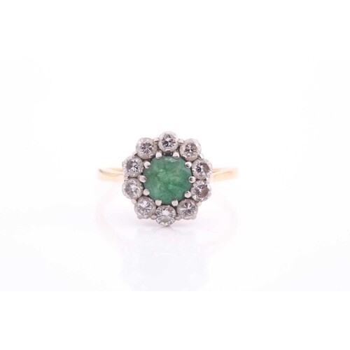 An 18ct gold emerald and diamond cluster ring, the round mix...