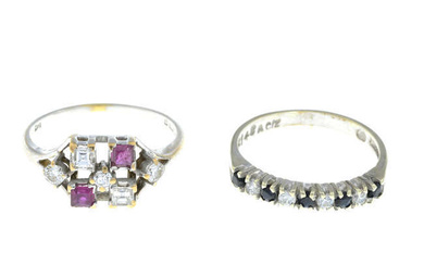 An 18ct gold ruby and vari-cut diamond ring, together with a 9ct gold sapphire and cubic zirconia half eternity ring.