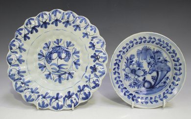 An English Delft lobed dish, mid-18th century, blue painted with a central flower within a border of