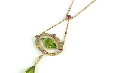 An early 20th century peridot, tourmaline and seed pearl necklace
