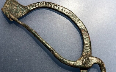 Ancient Roman Bronze Extremely Rare Brooch Fibula shaped as Tongs-Moneyer's Instrument in Superb Quality