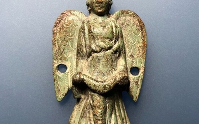 Ancient Roman Bronze Impressive Figurine with the Winged Goddess Victory on Globe, holding Garland with both hands