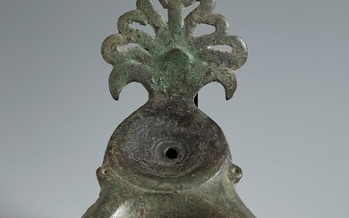 Ancient Roman Bronze Oil lamp double spout. 3rd Century AD. 16 cm large. Very big.