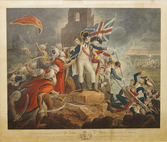 Anthony Fogg, British fl.1792-1806- Defence of the Breach at Saint Jean d'Acre by Sir Sidney Smith, after William Hamilton RA; hand-coloured stipple engraving, 55 x 65 cm