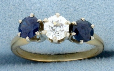 Antique 1.5ct TW Three Stone Sapphire and Diamond Ring in 14K Yellow and White Gold